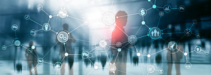 Wall Mural - business process structure industrial workflow diagram automation innovation concept on virtual scre