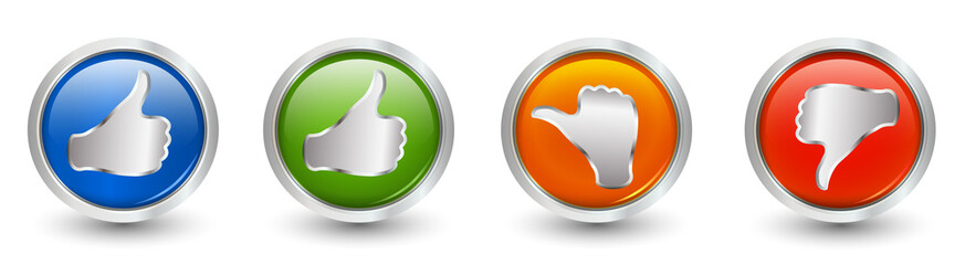 Poster - Button icons. Thumbs up green and blue - orange neutral thumb - thumb down red. Online voting symbol. Concept like it. Do not like. 3d illustration