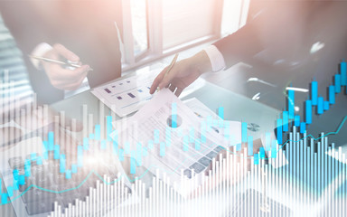 Stock trading candlestick chart and diagrams. Abstract double exposure finance background.