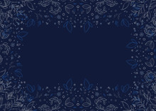 Floral Pattern With Grey Flowers And Foliage Over Navy Blue Background. Wedding Background. Dark And Luxurious Design. Illustration With Copy Space For Text Or Design. Frame.