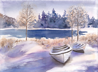 Beautiful winter landscape with lake, forest and boat. Hand drawn watercolor illustration of Frosty countryside. .