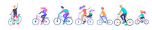 Young Woman And Man Ride The Bike, Family And Friends Riding Bicycles. Mom, Dad And Children On Bike And Cycling Together. Sports Outdoor Activity. Cartoon Vector Illustration