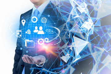 Poster - man holding virtual internet icons