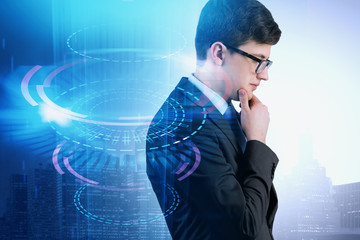 Poster - Pensive businessman, HUD interface