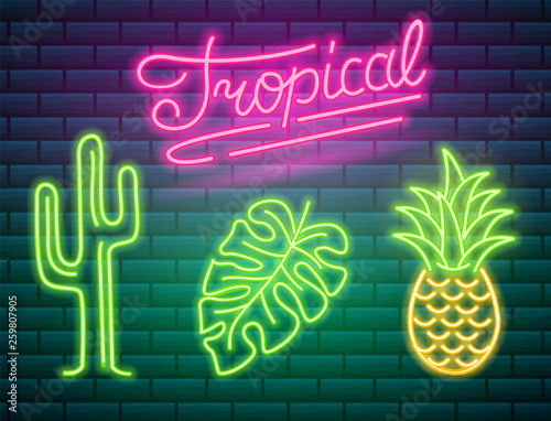Neon Signs And Icons Cactus And Pineapple Tropical Plants Palm Trees And Leaves Set Of Night Bright Signboard Glowing Light Banner Summer Logo Editable Vector Buy This Stock Vector And Explore