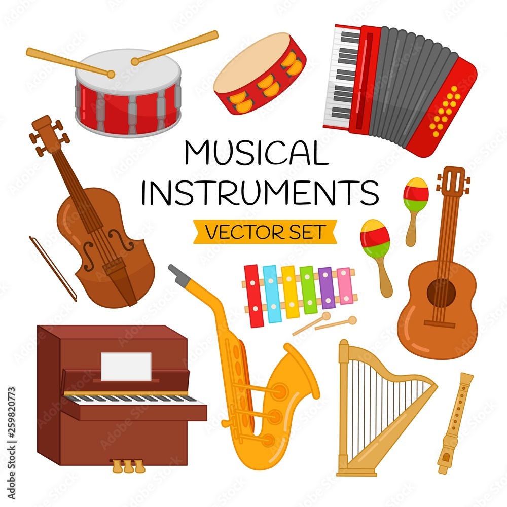 Vector set of cartoon musical instruments. Stock Vector | Adobe Stock