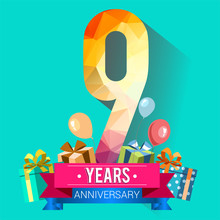 9 Years Anniversary Celebration Design, With Gift Box And Balloons, Red Ribbon, Colorful Polygonal Logotype, Vector Template Elements For Your Birthday Party.