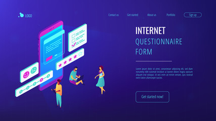 Wall Mural - tiny people at smartphone filling out questionnaire form and rating. online survey, internet questio