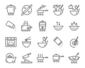 set of kitchen tools icons, such as knife, plate, oven, pan, fork, bowl, mixer