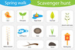 Scavenger hunt, spring walk, different colorful pictures for children, fun education search game for kids, development for toddlers, preschool activity, set of icons, vector illustration