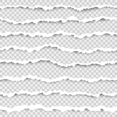 Poster - Set of torn paper stripes. Abstract paper texture with damaged edge. Vector illustration isolated on transparent background