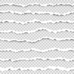 Poster - Set of torn horizontal seamless paper stripes. Abstract paper texture with damaged edge. Vector illustration isolated on transparent background