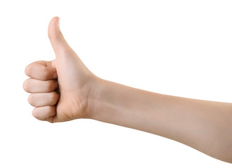 The boy's rigth hand shows thumb up for OK sign. Hand shows a gesture of approval. Everything is cool, everything is OK. Isolated on white. Success concept.