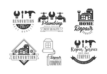 Poster - Monochrome logos for repairing companies. Plumbing and home renovation services. Vector emblems with working tools, buildings and text