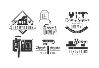 Sticker - Set of creative logos for repair services. Monochrome vector emblems for companies of home renovation and paint work