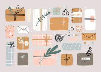 Wall Mural - Various gifts and presents. Craft paper, envelopes, boxes, ribbons, branches and other decor elements. Flat design. Hand drawn trendy vector set. Pastel colors. All elements are isolated