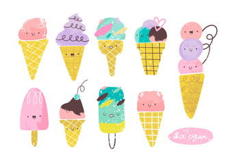 Kawaii tasty ice cream. Various face emotions. Hand drawn vector set. Watercolor style. Stamp texture. Colored trendy illustration. Flat design. All elements are isolated