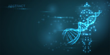 Blue Abstract Background With Luminous DNA Molecule, Neon Helix And Human Silhouette.