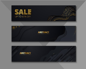 Wall Mural - Set of black abstract banners with golden sequins for sale.