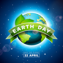 Wall Mural - Earth Day illustration with Planet and Green Leaf. World map background on april 22 environment concept. Vector design for banner, poster or greeting card.