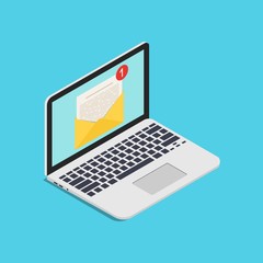 Aufkleber - Isometric Email marketing concept. New email notification on laptop monitor. Template design for advertising campaign, digital promotion, newsletter marketing, email subscription, communication.