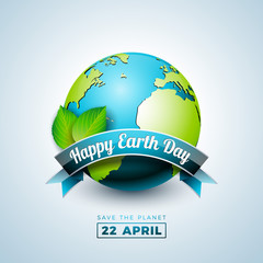 Wall Mural - Earth Day illustration with Planet and Green Leaf. World map background on april 22 environment concept. Vector design for banner, poster or greeting card.