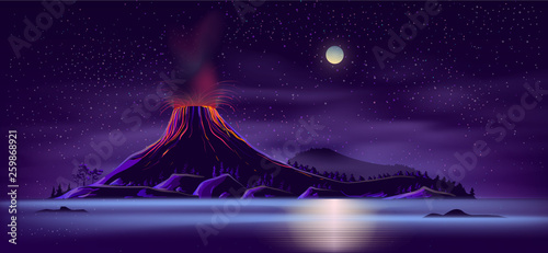 Fotomural Sea or ocean desert, uninhabited island shore night landscape with active, ready for eruption volcano, mountain top fiery glowing in darkness cartoon vector illustration