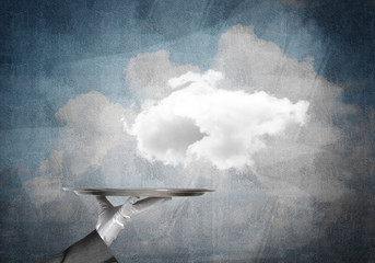 Wall Mural - Hand of waitress presenting cloud on tray.