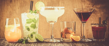 Selection Of Classic Cocktails - Cosmopolitan, Mojito, Bloody Mary, Old Fashioned, Margarita, Aperol