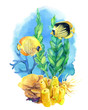 Underwater composition with coral reefs and tropical fish. Hand painted in watercolor.