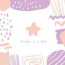 Cute Doodle Pink And Purple Card, Postcard, Tag, Poster With Star, Abstract Elements.