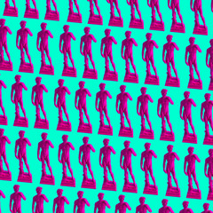 Poster - Pattern of pink neon Davids,  masterpiece of Renaissance sculpture created  by Michelangelo. Vaporwave style. Green background