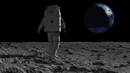 Wall Mural - astronaut walking on the moon and admiring the beautiful earth. cg animation. elements of this image