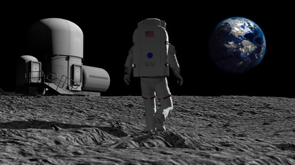 Wall Mural - astronaut walking on the moon and admiring the beautiful earth. cg animation. elements of this image