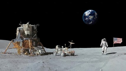 Wall Mural - astronaut walking on the moon sand saluting the american flag.. cg animation. elements of this video