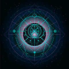 Wall Mural - Vector illustration of Sacred or mystic symbol on abstract background. Geometric sign drawn in lines.