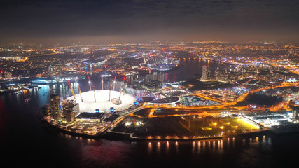 Aerial night shot from iconic O2 Arena in Greenwich Peninsula, London, United Kingdom