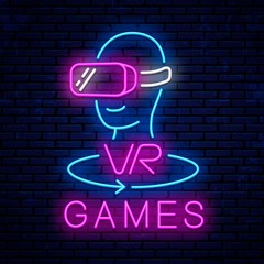 Virtual reality. Neon sign design. Neon glowing icon. Vector Illustration