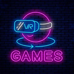 Poster - Games with glasses of virtual reality. Neon sign design. Neon glowing icon. Vector Illustration