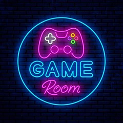 Poster - Game room. Neon sign design. Neon glowing icon. Vector Illustration
