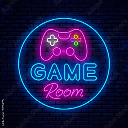 Game room. Neon sign design. Neon glowing icon. Vector Illustration