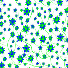 Seamless Pattern, Background With Stylized Stars Of Blue And Green And Interlacing Vines. On A White Background. Illustration For The Design Of Textiles, Wallpaper And Other Items