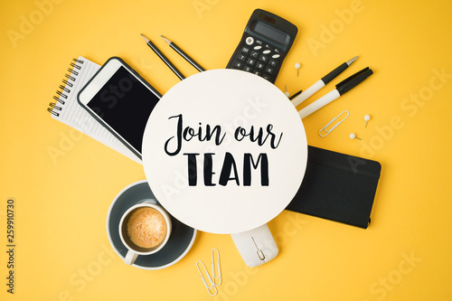 Fotomural Job recruit banner concept with office desk. Business background.