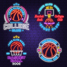Set Of Basketball Club Neon Design Or Emblem. Vector. Graphic Design For T-shirt, Tee, Apparel. Vintage Typography Design With Basketball Hoop And Ball Silhouette. Night Neon Signboard