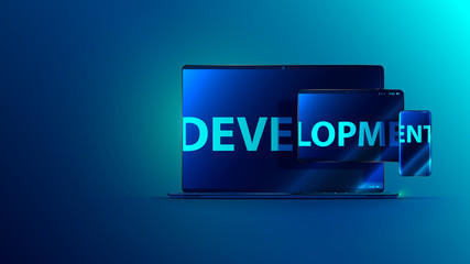 Leinwandbilder - Development software. Technology business programming and coding app. Word development on screen of laptop, tablet, phone. Abstract cross platforms computer program on different device. Concept banner
