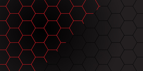 Abstract red line hexagon on dark grey mesh pattern design modern futuristic background vector illustration.