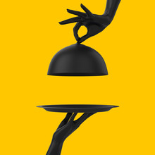 Black Dish With Lid Holding Hands Isolated On Yellow, Opened Restaurant Cloche, Launch Time Promo Banner Concept.  3d Rendering