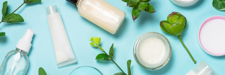 Wall Mural - facial cosmetics, skin care product flat lay.