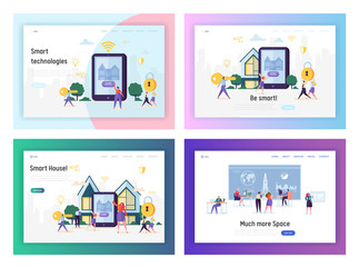 Poster - Technologies of Future in Real Human Life. Smart House and Space Investigation Concept, People Using Gadget and Scientific Development. Cartoon Flat Vector Illustration, Set of Landing Page Templates