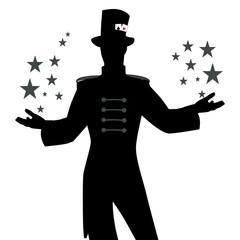 Wall Mural - Silhouettes of master of ceremonies with mustache, wearing top hat adorned with playing cards, showing stars in his hands, isolated on white background